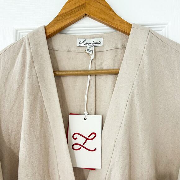 NWT REVOLVE L’Academie The Meadow Linen Wrap Mini Dress Size Small Beige Cream - Picture 4 of 10